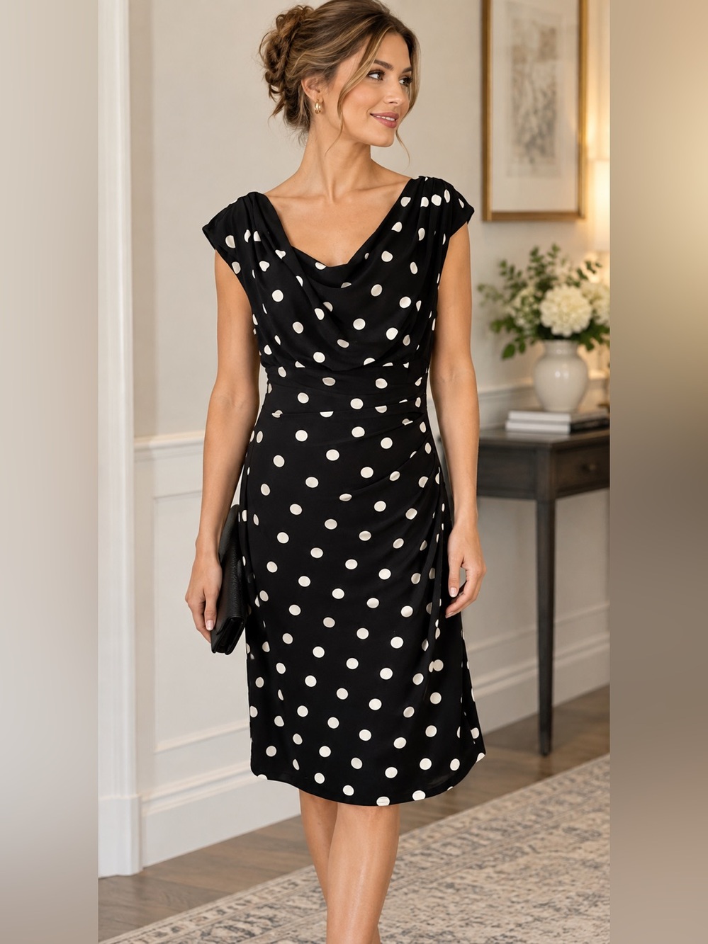 Lauren Ralph Lauren Black & Ivory Polka Dot Cowl Neck Midi Dress Size 12